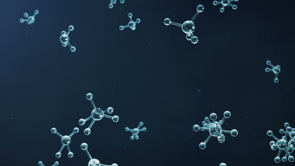 3D rendering molecule structure. Scientific medical background with atoms and molecules. Scientific animation for your banner, flyer, template, text. Molecule consists of atoms chemical element