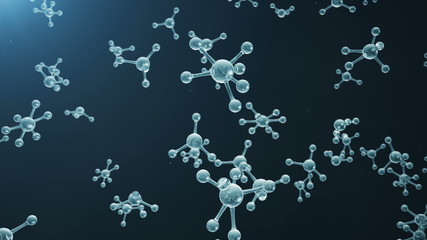 3D rendering molecule structure. Scientific medical background with atoms and molecules. Blue background. Scientific animation for your banner, text. Molecule consists of atoms chemical element
