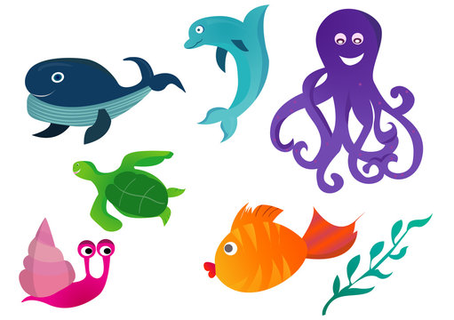 Vector Set Of Cartoon Sea Animals Isolated