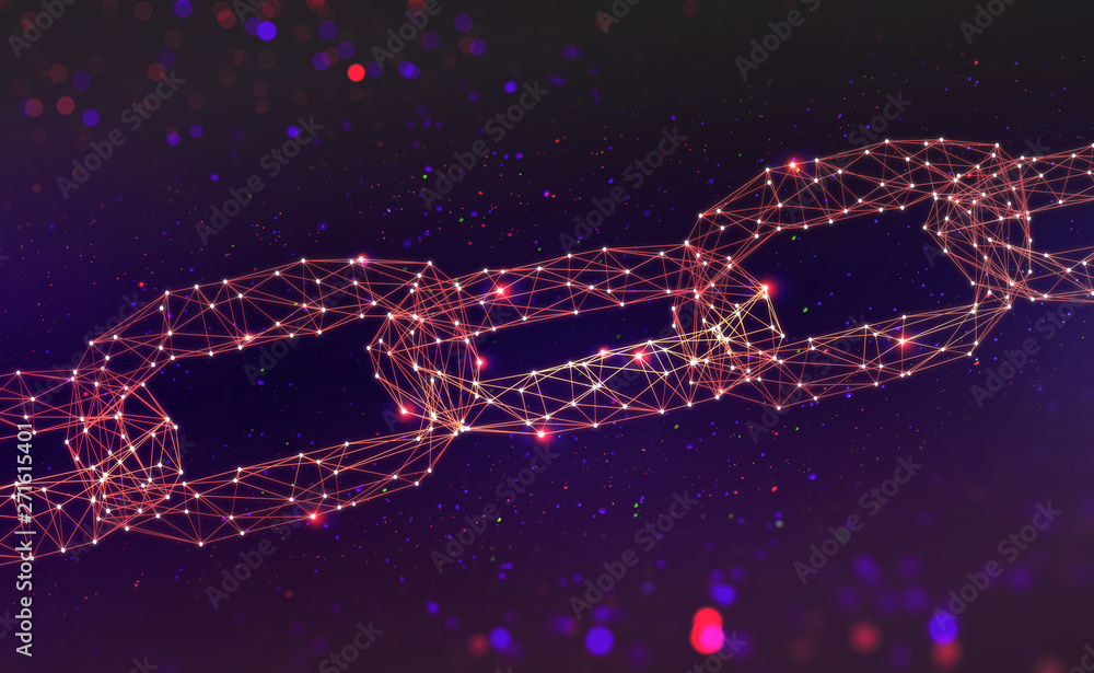 Poster Blockchain. Chain of information blocks in cyberspace. 3D illustration of a global computer network of the future. Data protection on the decentralized internet