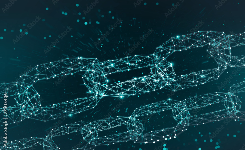 Poster Blockchain. Chain of information blocks in cyberspace. 3D illustration of a global computer network of the future. Data protection on the decentralized internet