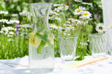 Closeup of bottle of cold healthy water with lemon and mint outdoor.Relax time in the garden during sunny and hot summer day