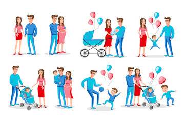 Fototapeta premium Set of characters showing the stages of development of the family. Creation, birth of children, care and upbringing. Mother, father and son. Vector illustration in a flat style