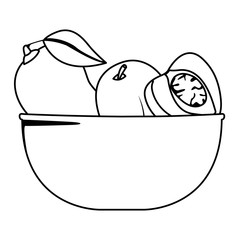 Fresh fruits in bowl cartoon in black and white