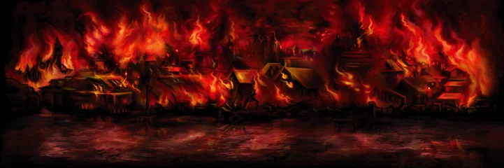 Foto auf Acrylglas Banner mit einer brennenden mittelalterlichen Stadt / Illustrationsnachtlandschaft mit einer Fantasiestadt an Land in Brand © mikesilent