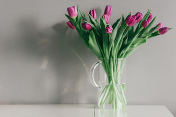 Glass vase with bouquet of beautiful tulips on grey wall background.