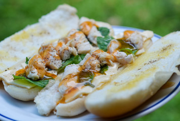 Chicken hotdog ready to eat at garden , High angle view