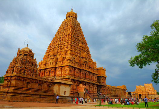Beautiful view of ancient Hindu Sri Brihadeeswara Temple in Thanjavur (Tanjore), Tamil Nadu, India. It is one of the foremost monument of Chola Empire