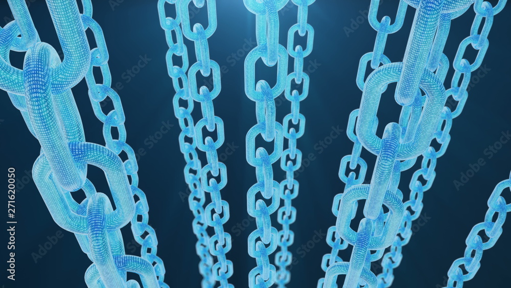 Poster 3d rendering digital blockchain code. chain links network. blue background. concept of network, cryp