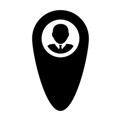 Pin icon vector male user person profile avatar with location map marker symbol in flat color glyph pictogram illustration