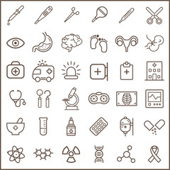 Set of medical and hospital Icons line style.  Contains such Icons as thermometer, medicine, pill, cure, brain, ambulance, emergency, stethoscope And Other Elements. 