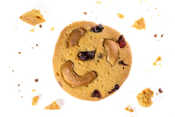 Top view of chocolate chips cookies and cashew nuts isolated on white background, flat lay of sweet and dessert with raisins seeds