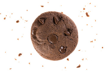 Top view of Chocolate cookies with chips isolated on white background, flat lay of dessert and sweet