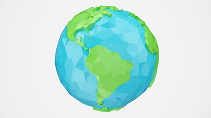 3D rendering rotated low poly earth with alpha channel, globe illustration. Polygonal globe isolated on white background, low poly style