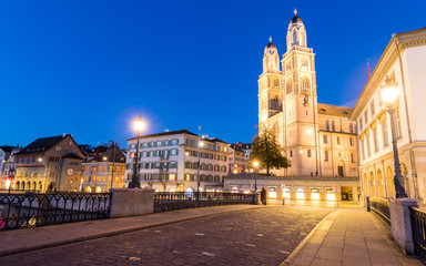 Grossmunster or great minster during twilight in Zurich Switzerland