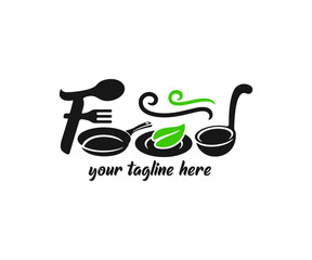 Word food typography, consisting of fork, spoon, pan, plate with a leaf and ladle, logo design. Restaurant, cafe, breakfast and meal, vector design and illustration