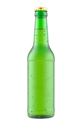 Frosted green glass bottle on a white.