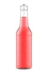 Frosted glass bottle with red drink on a white.