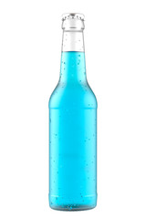 Frosted bottle with blue drink on a white.