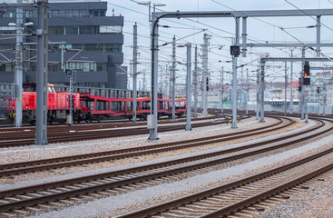 Fototapeta na wymiar Industrial cityscape - Railway tracks in the city center near main railway station of Vienna - Wien Hauptbahnhof