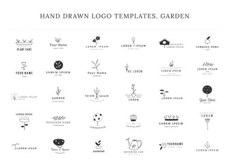 Vector garden logo templates set. Hand drawn isolated elements.