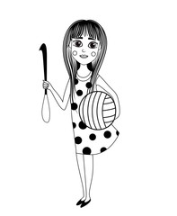 Girl holding a crochet hook and threads for knitting. Vector illustration.