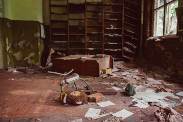 School in destroyed abandoned ghost city Pripyat ruins after Chernobyl disaster. Chernobyl Nuclear...