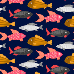 Fototapeta premium Vector seamless pattern with colorful abstract fish. Undersea world. Aquarium. Wrapping paper, package, wallpaper, poster, clothing and other textile in a pet store, fishing gear shop or aquapark