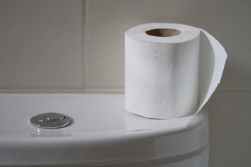 White toilet bowl in a bathroom with the roll of paper on top in perfect tones for backgrounds
