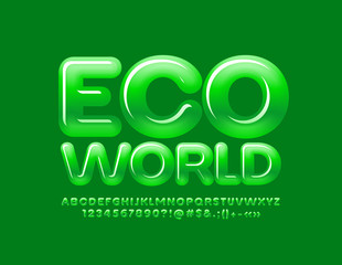 Vector green emblem Eco World with Glossy Font. Creative Alphabet Letters, Numbers and Symbols 