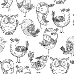 Hand drawn amusing birds seamless pattern.