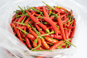 Group of Red chillis in a bag with white background. Concept of hot spicy taste.