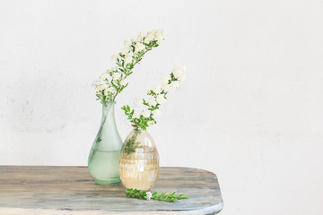 Spirea branches in vases on  vintage background of old wall