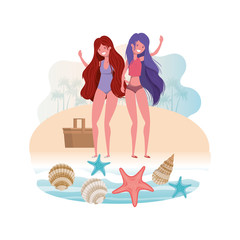 women on the beach with picnic basket