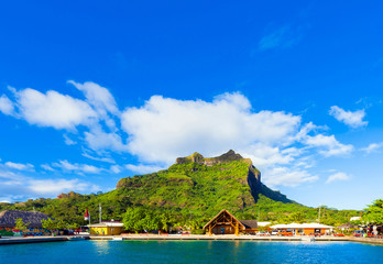 BORA BORA, FRENCH POLYNESIA - SEPTEMBER 19, 2018: View of the mountain landscape and the port. Copy space for text.