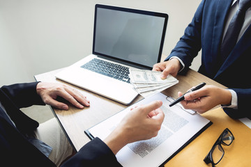 bribe and corruption concept, Corrupted businessman sealing the deal hand receiving venality bribe...