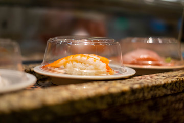 Sushi dish rides on a conveyor belt at a Japanese sushi bar.