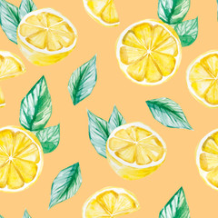 Watercolor fruit pattern lemon, summer print for the textile fabric, wallpaper, poster background, social media template, color background