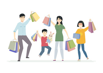 Obraz premium Happy Chinese family enjoys shopping - cartoon people characters illustration