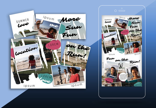 Vacation Social Media Grid Set Layout with Snapshots and Painted Photo Mask Backgrounds
