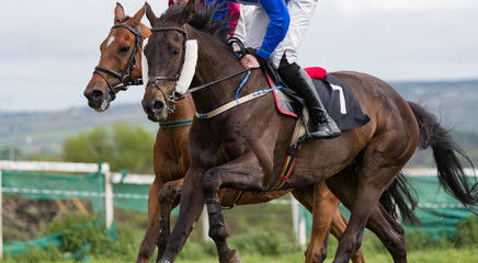 Close up on two horses and jockeys racing for position