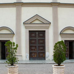 Fototapeta na wymiar Crop view of the main entrance of St. Francis church, Scutari, Albania