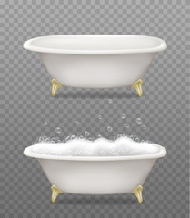 Set of white bathtubs with soap foam and bubbles on transparent background. Vector