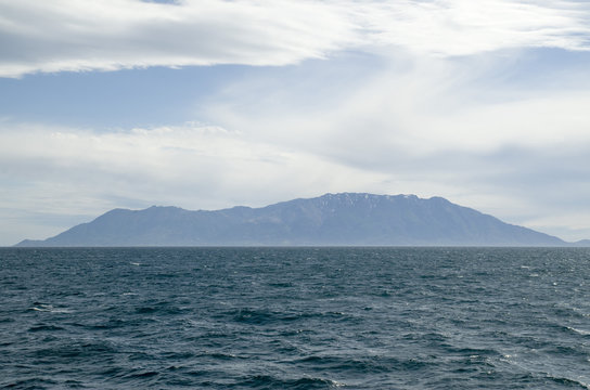 View of  Samothraki island  and mountain Saos in Greece from the sea i