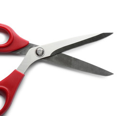 Pair of sharp scissors on white background