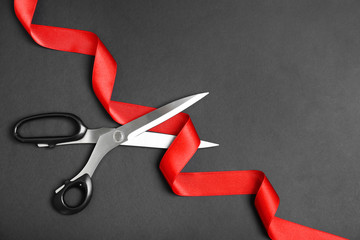 Stylish scissors and red ribbon on black background, flat lay with space for text. Ceremonial tape...