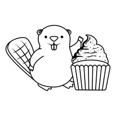 cute beaver mascot with sweet cupcake