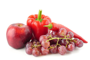 Healthy Food set red fruits and vegetables apple, pepper, grape,sweet pepper Benefits of antioxidants isolated on white background