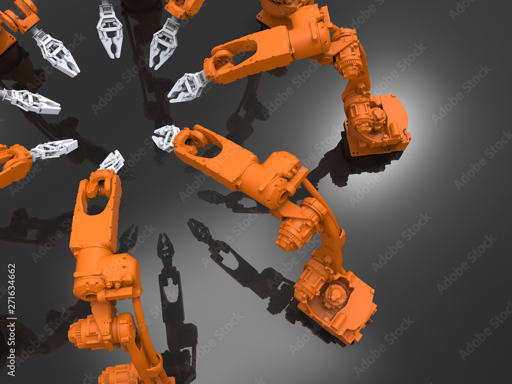 Aufkleber 3d rendering - orange industrial robotic arms array