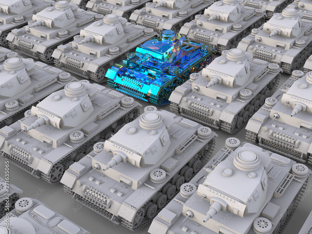 Poster 3d rendering - highlighted tank within a group
